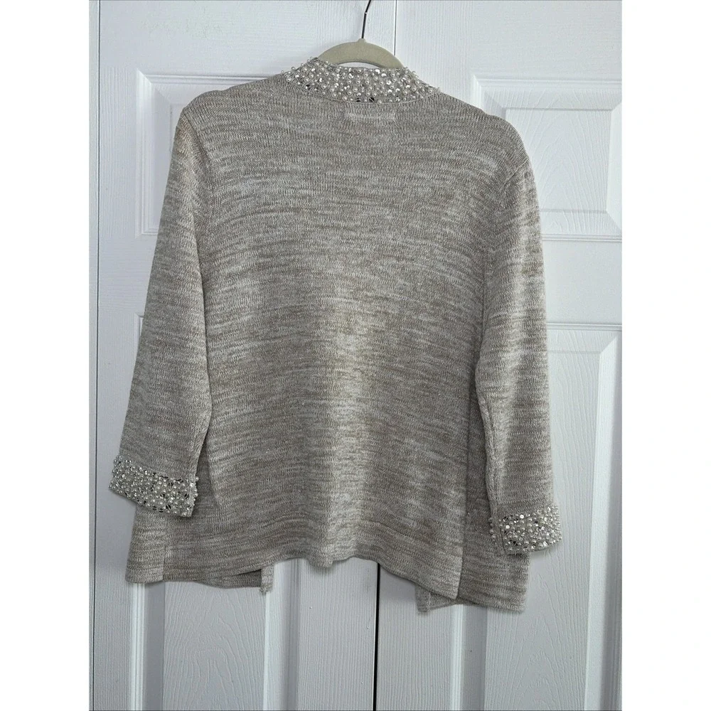 A. Giannetti Open Front Cardigan Womens Tan Pearl Sequin Cotton Blend Size L